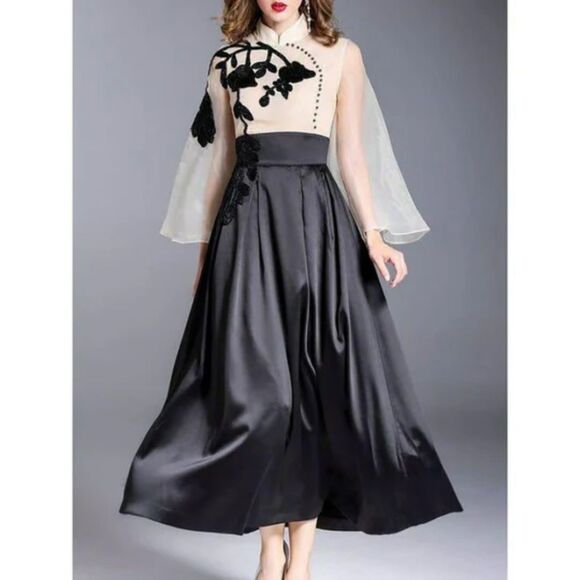 Source Unknown Dresses & Skirts - Vintage Organza Embroidery Turtleneck Beading Flare Long Sleeve Maxi Dress